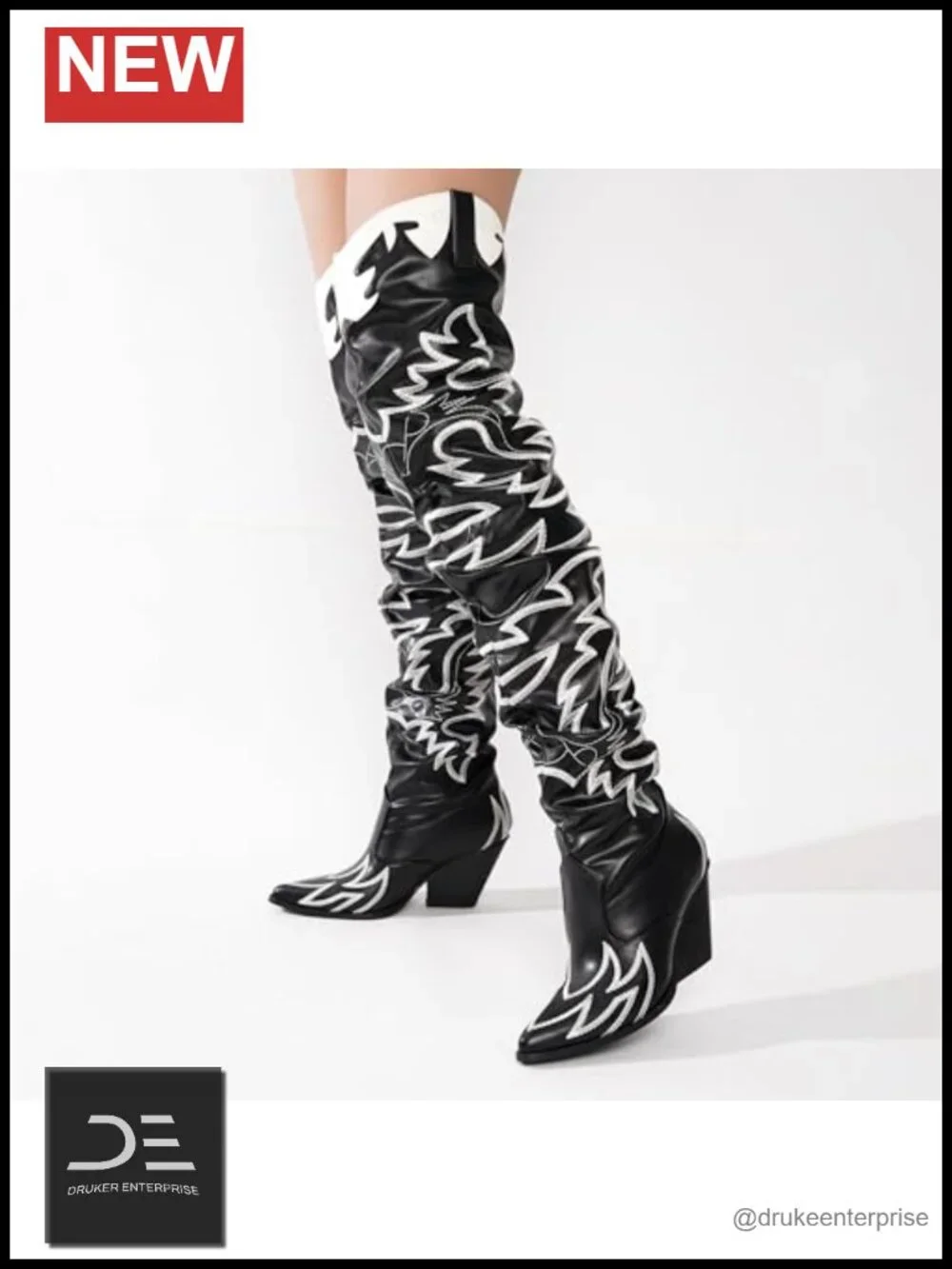 Faux Leather Slouchy Thigh High Chunky Heel Western Cowboy Boots